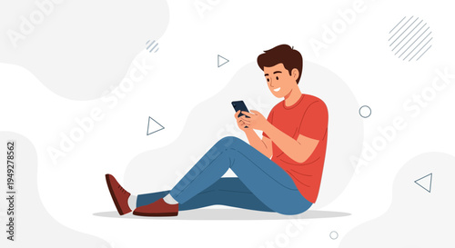 Young man sitting on floor using smartphone, casual lifestyle, modern flat illustration