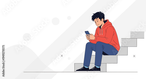 Young man sitting on stairs looking at his smartphone, modern illustration