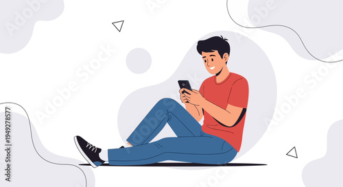 Young man sitting on floor, smiling and using smartphone, casual lifestyle illustration