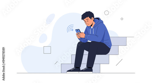 Young man sitting on stairs using smartphone, wireless signal, modern lifestyle illustration