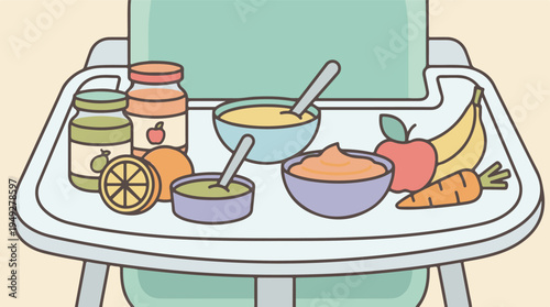High chair tray with bowls of baby food, fruit purees, and fresh produce