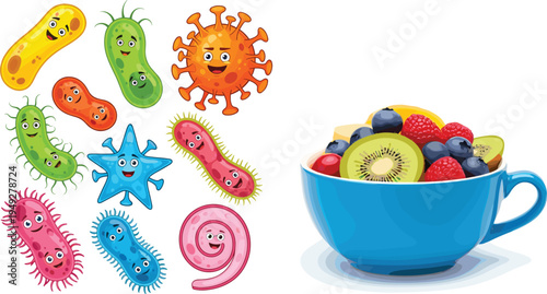 Fun Fruit and Bacteria Vector Set Featuring Happy Microbes and a Fresh Fruit Bowl for Healthy Eating and Gut Health Concepts