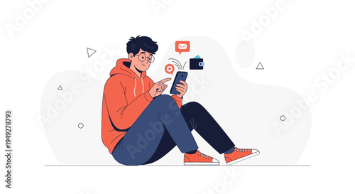 Young man using smartphone with digital icons, online communication and finance concept