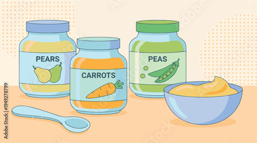 Illustration of baby food jars with pureed fruits and vegetables and spoon