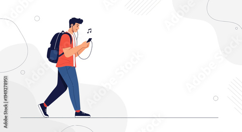 Young Man Walking with Backpack and Listening to Music on Smartphone