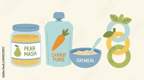 Illustrated baby food with pear mash, carrot puree, and oatmeal