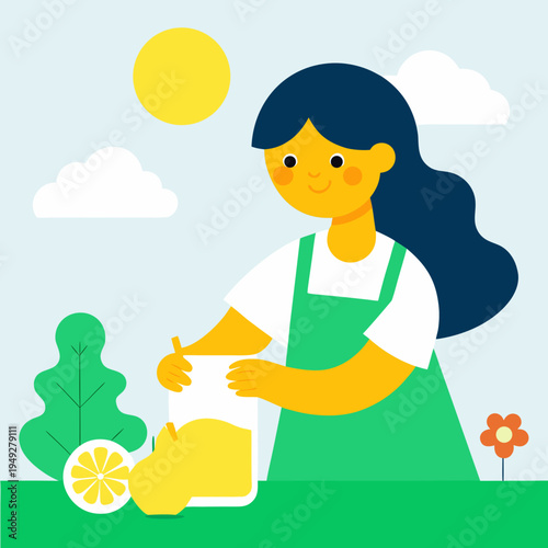 Vector illustration of woman squeezing lemon, cartoon character, green apron