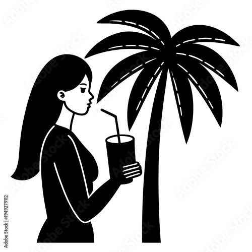 Vector illustration of woman with drink and palm tree