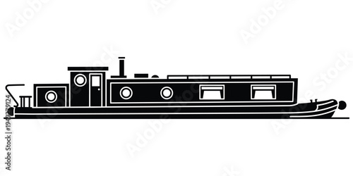 Canal boat silhouette illustration, narrowboat artwork with windows chimney tiller flat roof inland waterways leisure design vector