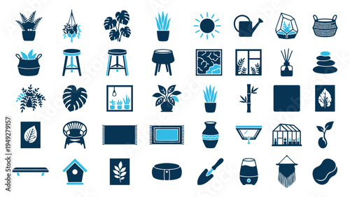 Home Decor and Indoor Gardening Icon Set in Blue Tones