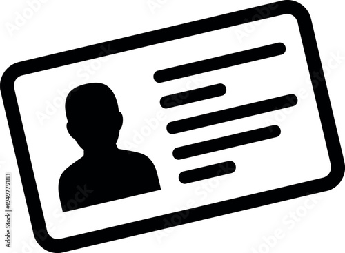 Black and white icon of an identification card with a person's silhouette and text lines, tilted.