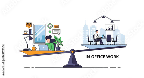 Remote Work vs. In-Office Work Balance. Modern Hybrid Workplace Model Comparing Home Office and Traditional Corporate Environment. Business Telecommuting Concept.