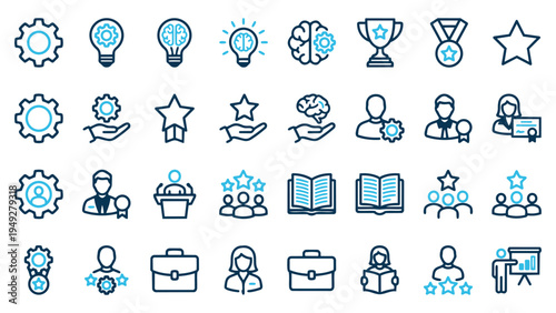 Professional Development and Achievement Icon Collection Featuring Stars, Medals, and Business People