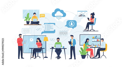 Modern Business Team Working, Remote Collaboration, Cloud Computing & Data Analysis Concept