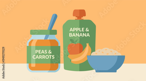 Assortment of baby food products: fruit puree pouch, vegetable jar, and cereal bowl
