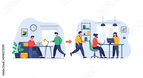 Hybrid Work Model Transition: Remote to Office Work Adaptation, Flexible Employee Workspace