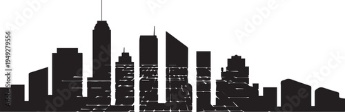 Black silhouette skyline of modern city buildings against white background symbolizing urban development and architecture