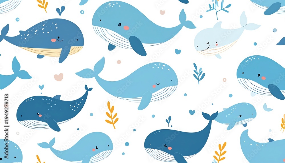 Fototapeta premium Cute whale pattern on white background