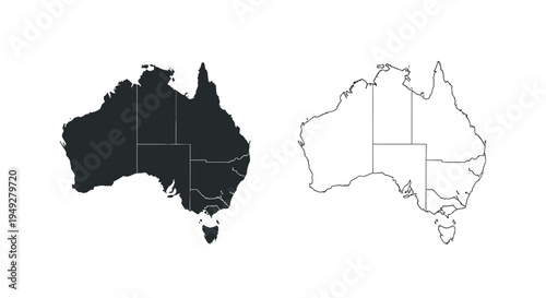 Two maps of Australia, one solid black and one outline, showing states and territories.