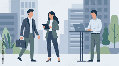 Diverse business professionals working in a modern urban environment