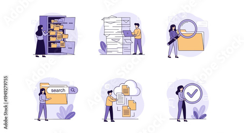Six flatdesign icons illustrating document management searching and cloud storage