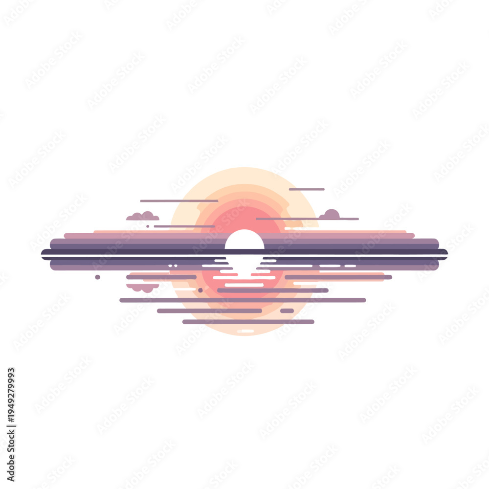 Fototapeta premium Abstract Sunset Horizon reflection with clouds, minimalist flat design vector illustration