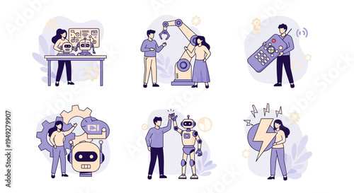 Six icons depicting people interacting with robots machinery and technology elements