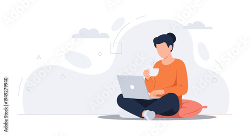 Woman working on laptop while drinking coffee, sitting on cushion, modern flat illustration
