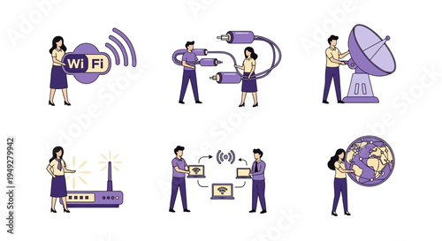 Six icons illustrating various aspects of digital communication and networking technology
