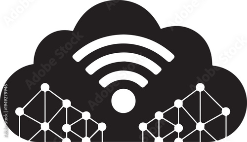 Cloud network infrastructure concept with wifi signal icon and geometric mesh nodes representing global wireless connectivity and big data