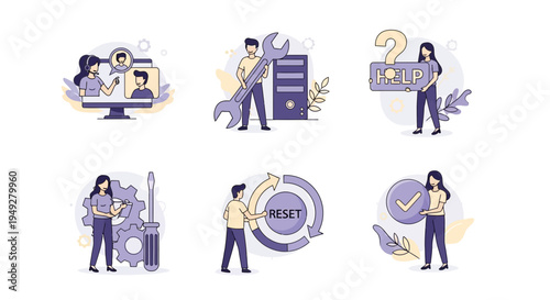 Six icons representing technology support repair help reset and successful completion