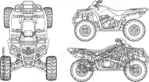 All terrain vehicle ATV detailed line art illustration showing front and side views with mechanical structure, off road quad bike technical drawing isolated
