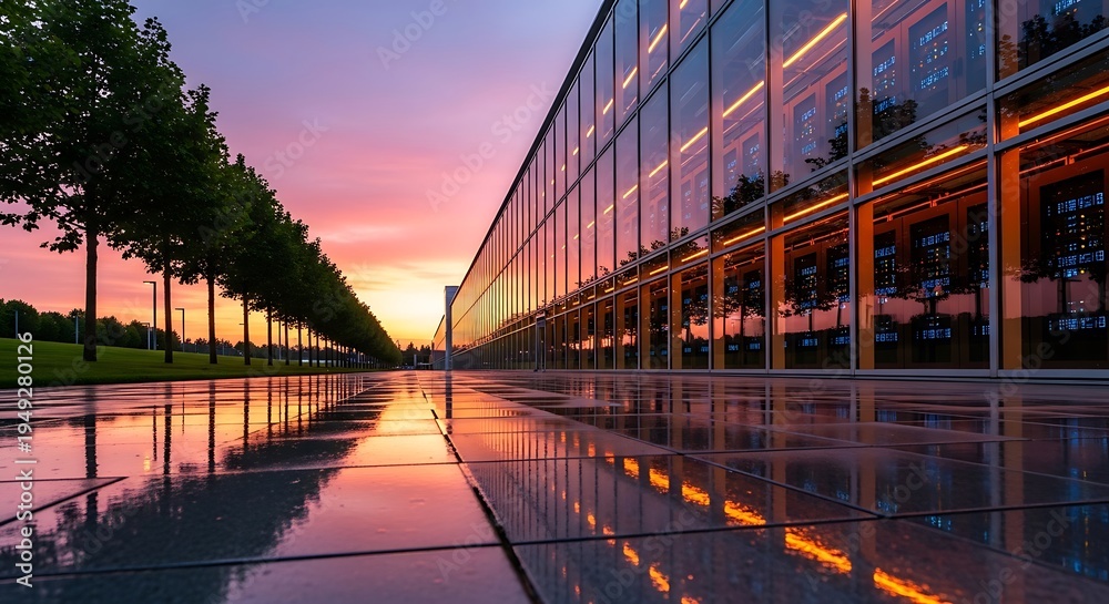 Obraz premium Long modern glass building reflecting vibrant sunset colors & trees on a wet, paved surface