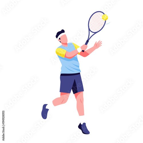 Tennis Player Swinging Racket to Hit Ball in Action - Flat Illustration