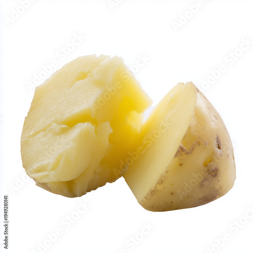 Gekochte Kartoffel isoliert auf hellem Hintergrund mit Copyspace. Minimalistische Lebensmittelaufnahme als Vorlage für Küche, Pellkartoffeln, Pommes oder Kartoffelsalat.