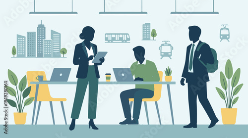 Professionals working in a modern office with urban transport background