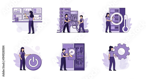Six illustrations depicting people performing IT maintenance tasks in purple tones