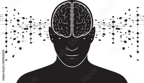 Human head with brain and abstract data streams representing thought process knowledge transfer and digital information exchange