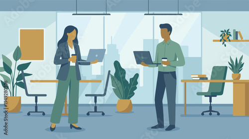 Business professionals collaborating with laptops in a modern office