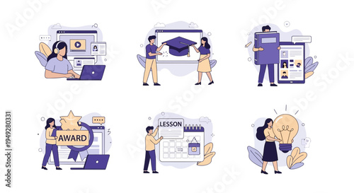 Six vignettes depicting online learning awards scheduling and ideas