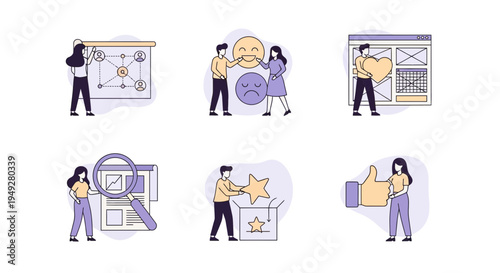 Six vignettes illustrate business concepts with simplified people and icons