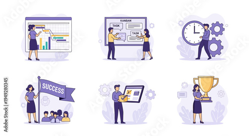 Six vignettes depict business team management task tracking time success and achievement icons