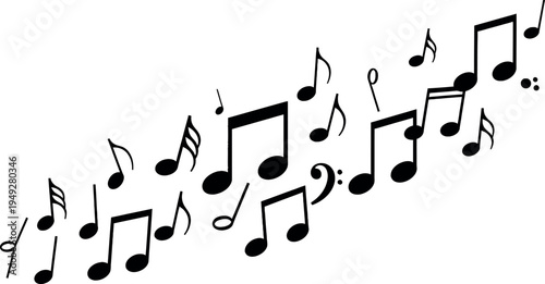 A dynamic arrangement of various black musical notes and symbols floating diagonally upwards on a plain white background.