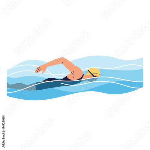 Woman swimming freestyle in blue wavy water