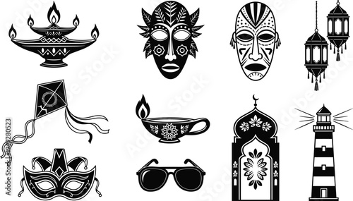 Festival and decorative icon silhouette set including oil lamp, lantern, masks, kite, sunglasses, lighthouse and ornate arch isolated vector collection for cultural celebration design
