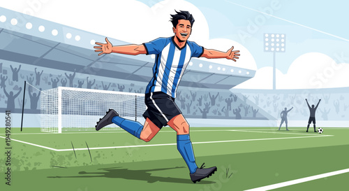 A jubilant male soccer player in a blue and white striped jersey celebrates a goal on a vibrant green stadium field with cheering fans in the background.