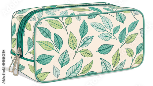 Vector cosmetic travel case with green leaf pattern and teal accents on white background for makeup and skincare storage