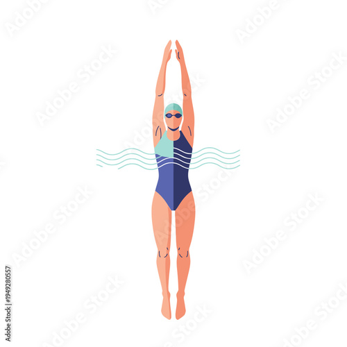 Female swimmer in racing suit, cap, and goggles, poised for start in pool