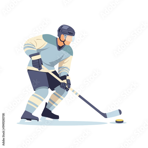 Ice Hockey Player Skating with Puck and Stick, Sports Action Illustration