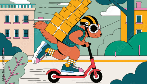 A fast-moving squirrel wearing a delivery vest and a helmet, riding a tiny red electric scooter, carrying a stack of cardboard packages, motion blur effect, city street background, bright .vector